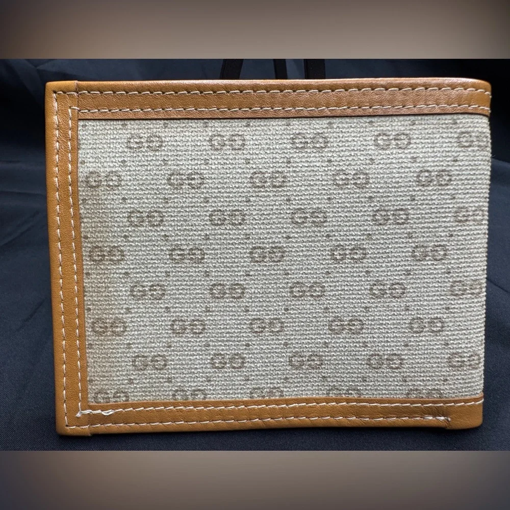 Gucci Rare Canvas and Tan Leather Bifold Wallet with Red-Green Web and Gold GG